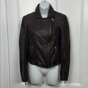 Michael Michael Kors brown leather asymmetrical zip moto jacket women’s size 6